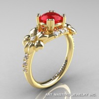 Nature Inspired 14K Yellow Gold 1.0 Ct Ruby Diamond Leaf Vine Ring R245-14KYGDR