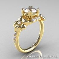 Nature Inspired 14K Yellow Gold 1.0 Ct Russian CZ Diamond Leaf Vine Ring R245-14KYGDCZ