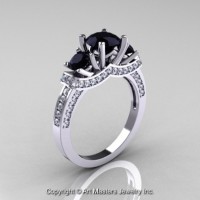 French 14K White Gold Three Stone Black and White Diamond Engagement Ring Wedding Ring R182-14KWGDBD