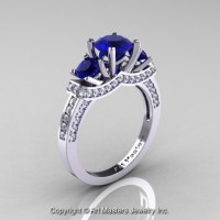 French 14K White Gold Three Stone Blue Sapphire Diamond Engagement Ring Wedding Ring R182-14KWGDBS