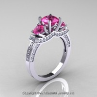 French 14K White Gold Three Stone Pink Sapphire Diamond Engagement Ring Wedding Ring R182-14KWGDPS