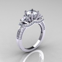French 14K White Gold Three Stone Russian Cubic Zirconia Diamond Engagement Ring Wedding Ring R182-14KWGDCZ