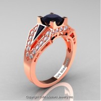 Classic Edwardian 14K Rose Gold 1.0 Ct Black and White Diamond Engagement Ring R285-14KRGDBD