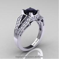 Classic Edwardian 14K White Gold 1.0 Ct Black and White Diamond Engagement Ring R285-14KWGDBD