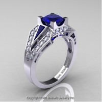 Classic Edwardian 14K White Gold 1.0 Ct Blue Sapphire Diamond Engagement Ring R285-14KWGDBS