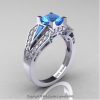 Classic Edwardian 14K White Gold 1.0 Ct Blue Topaz Diamond Engagement Ring R285-14KWGDBT