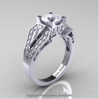 Classic Edwardian 14K White Gold 1.0 Ct White Sapphire Diamond Engagement Ring R285-14KWGDWS