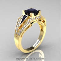 Classic Edwardian 14K Yellow Gold 1.0 Ct Black and White Diamond Engagement Ring R285-14KYGDBD