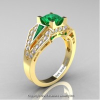 Classic Edwardian 14K Yellow Gold 1.0 Ct Emerald Diamond Engagement Ring R285-14KYGDEM