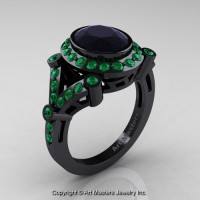 Victorian 14K Black Gold 1.75 Ct Oval Black Diamond Emerald Engagement Ring Wedding Ring R358-14KBGEMBD