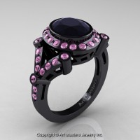Victorian 14K Black Gold 1.75 Ct Oval Black Diamond Light Pink Sapphire Engagement Ring Wedding Ring R358-14KBGLPSBD