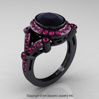 Victorian 14K Black Gold 1.75 Ct Oval Black Diamond Pink Sapphire Engagement Ring Wedding Ring R358-14KBGPSBD
