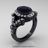 Victorian 14K Black Gold 1.75 Ct Oval Black and White Diamond Engagement Ring Wedding Ring R358-14KBGDBD