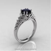 French 14K White Gold 1.0 Ct Princess Black and White Diamond Lace Engagement Ring Wedding Ring R175P-14KWGDBD