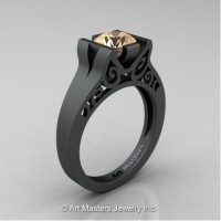 Modern Art Deco 14K Matte Black Gold 1.0 Ct Champagne Diamond Engagement Ring R36N-14KMBGCHD