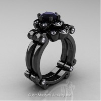 Caravaggio 14K Black Gold 1.0 Ct Black and White Diamond Engagement Ring Wedding Band Set R606S-14KBGDBD