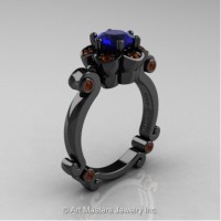 Caravaggio 14K Black Gold 1.0 Ct Blue Sapphire Brown Diamond Engagement Ring R606-14KBGBRDBS