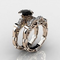 Art Masters Caravaggio 14K Rose Gold 1.0 Ct Black and White Diamond Engagement Ring Wedding Band Set R623S-14KRGDBD