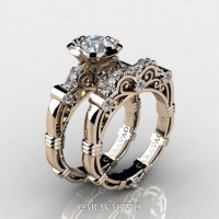 Art Masters Caravaggio 14K Rose Gold 1.0 Ct White Sapphire Diamond Engagement Ring Wedding Band Set R623S-14KRGDWS