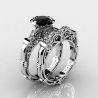 Art Masters Caravaggio 14K White Gold 1.0 Ct Black and White Diamond Engagement Ring Wedding Band Set R623S-14KWGDBD
