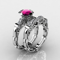 Art Masters Caravaggio 14K White Gold 1.0 Ct Pink Sapphire Diamond Engagement Ring Wedding Band Set R623S-14KWGDPS