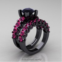 Modern Vintage 14K Black Gold 3.0 Carat Black Diamond Pink Sapphire Designer Wedding Ring Bridal Set R142S-14KBGPSBD
