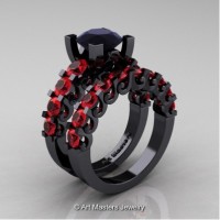 Modern Vintage 14K Black Gold 3.0 Carat Black Diamond Ruby Designer Wedding Ring Bridal Set R142S-14KBGRBD