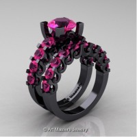 Modern Vintage 14K Black Gold 3.0 Carat Pink Sapphire Designer Wedding Ring Bridal Set R142S-14KBGPS