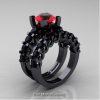 Modern Vintage 14K Black Gold 3.0 Carat Ruby Black Diamond Designer Wedding Ring Bridal Set R142S-14KBGBDR