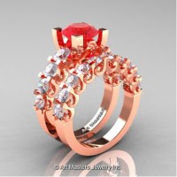 Modern Vintage 14K Rose Gold 3.0 Carat Ruby White Sapphire Designer Wedding Ring Bridal Set R142S-14KRGWSR