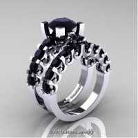 Modern Vintage 14K White Gold 3.0 Carat Black Diamond Designer Wedding Ring Bridal Set R142S-14KWGBD
