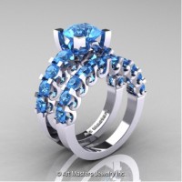 Modern Vintage 14K White Gold 3.0 Carat Blue Topaz Wedding Ring Bridal Set R142S-14KWGBT
