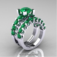 Modern Vintage 14K White Gold 3.0 Carat Emerald Designer Wedding Ring Bridal Set R142S-14KWGEM