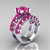 Modern Vintage 14K White Gold 3.0 Carat Pink Sapphire Designer Wedding Ring Bridal Set R142S-14KWGPS