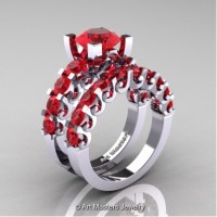 Modern Vintage 14K White Gold 3.0 Carat Ruby Designer Wedding Ring Bridal Set R142S-14KWGR