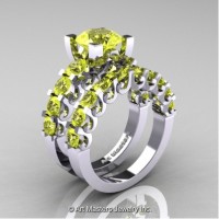 Modern Vintage 14K White Gold 3.0 Carat Yellow Topaz Wedding Ring Bridal Set R142S-14KWGYT