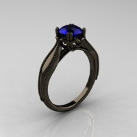 Art Nouveau 14K Black Gold 1.0 Carat Blue Sapphire Engagement Ring R207-BGBS