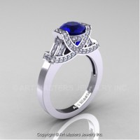 Classic Armenian 14K White Gold 1.0 Ct Blue Sapphire Diamond Engagement Ring R283-14KWGDBS