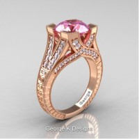 Classic 14K Rose Gold 3.0 Ct Morganite Diamond Engraved Engagement Ring R366-14KRGDMO