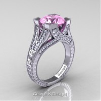 Classic 14K White Gold 3.0 Ct Light Pink Sapphire Diamond Engraved Engagement Ring R366-14KWGDLPS
