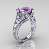 Classic 14K White Gold 3.0 Ct Lilac Amethyst Diamond Engraved Engagement Ring R366-14KWGDLAM