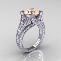 Classic 14K White Gold 3.0 Ct Morganite Diamond Engraved Engagement Ring R366-14KWGDMO