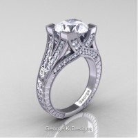 Classic 14K White Gold 3.0 Ct White Sapphire Diamond Engraved Engagement Ring R366-14KWGDWS