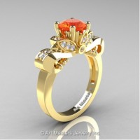 Classic 14K Yellow Gold 1.0 Ct Orange Sapphire and White Diamond Solitaire Engagement Ring R323-14KYGDOS