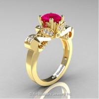 Classic 14K Yellow Gold 1.0 Ct Rose Ruby White Diamond Solitaire Engagement Ring R323-14KYGDRR