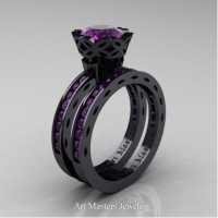 Classic Armenian 14K Black Gold 1.0 Ct Amethyst Engagement Ring Wedding Band Bridal Set AR140S-14KBGAM