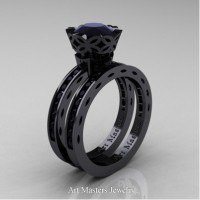 Classic Armenian 14K Black Gold 1.0 Ct Black Diamond Engagement Ring Wedding Band Bridal Set AR140S-14KBGBD