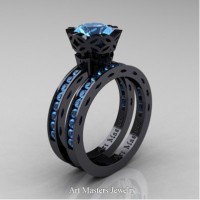 Classic Armenian 14K Black Gold 1.0 Ct Blue Topaz Engagement Ring Wedding Band Bridal Set AR140S-14KBGBT