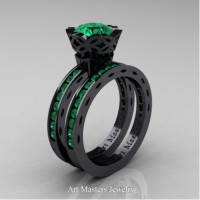 Classic Armenian 14K Black Gold 1.0 Ct Emerald Engagement Ring Wedding Band Bridal Set AR140S-14KBGEM