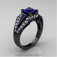 Classic Edwardian 14K Black Gold 1.0 Ct Blue Sapphire Diamond Engagement Ring R285-14KBGDBS